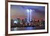 New York City Manhattan Downtown Skyline at Night from Liberty Park with Light Beams in Memory of S-Songquan Deng-Framed Photographic Print