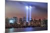 New York City Manhattan Downtown Skyline at Night from Liberty Park with Light Beams in Memory of S-Songquan Deng-Mounted Photographic Print