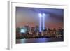 New York City Manhattan Downtown Skyline at Night from Liberty Park with Light Beams in Memory of S-Songquan Deng-Framed Photographic Print