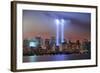 New York City Manhattan Downtown Skyline at Night from Liberty Park with Light Beams in Memory of S-Songquan Deng-Framed Photographic Print
