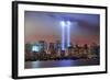 New York City Manhattan Downtown Skyline at Night from Liberty Park with Light Beams in Memory of S-Songquan Deng-Framed Photographic Print