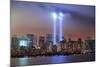 New York City Manhattan Downtown Skyline at Night from Liberty Park with Light Beams in Memory of S-Songquan Deng-Mounted Photographic Print