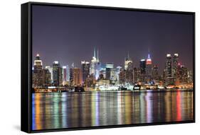 New York City Manhattan Midtown Skyline at Night with Lights Reflection over Hudson River Viewed Fr-Songquan Deng-Framed Stretched Canvas