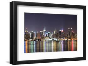 New York City Manhattan Midtown Skyline at Night with Lights Reflection over Hudson River Viewed Fr-Songquan Deng-Framed Photographic Print