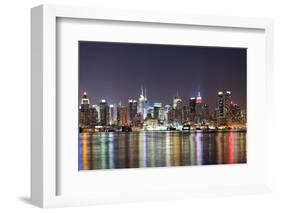 New York City Manhattan Midtown Skyline at Night with Lights Reflection over Hudson River Viewed Fr-Songquan Deng-Framed Photographic Print