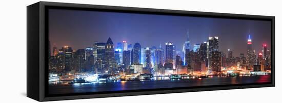 New York City Manhattan Midtown Skyline at Night with Skyscrapers Lit over Hudson River with Reflec-Songquan Deng-Framed Stretched Canvas