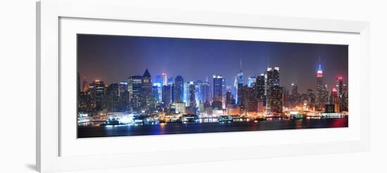 New York City Manhattan Midtown Skyline at Night with Skyscrapers Lit over Hudson River with Reflec-Songquan Deng-Framed Photographic Print