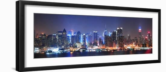 New York City Manhattan Midtown Skyline at Night with Skyscrapers Lit over Hudson River with Reflec-Songquan Deng-Framed Photographic Print