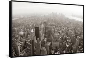 New York City Manhattan Skyline Aerial View Panorama Black And White With Skyscrapers And Street-Songquan Deng-Framed Stretched Canvas