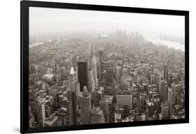 New York City Manhattan Skyline Aerial View Panorama Black And White With Skyscrapers And Street-Songquan Deng-Framed Art Print