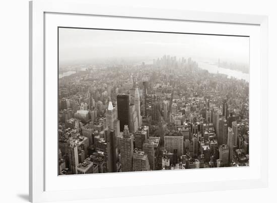 New York City Manhattan Skyline Aerial View Panorama Black And White With Skyscrapers And Street-Songquan Deng-Framed Art Print