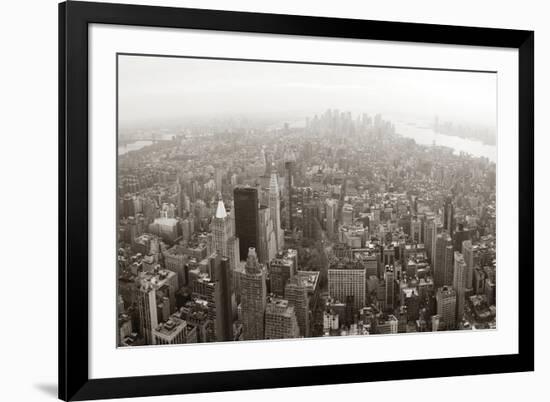 New York City Manhattan Skyline Aerial View Panorama Black And White With Skyscrapers And Street-Songquan Deng-Framed Art Print