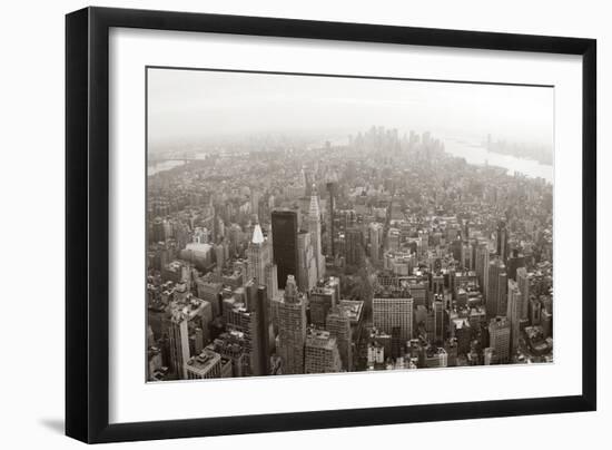 New York City Manhattan Skyline Aerial View Panorama Black And White With Skyscrapers And Street-Songquan Deng-Framed Art Print