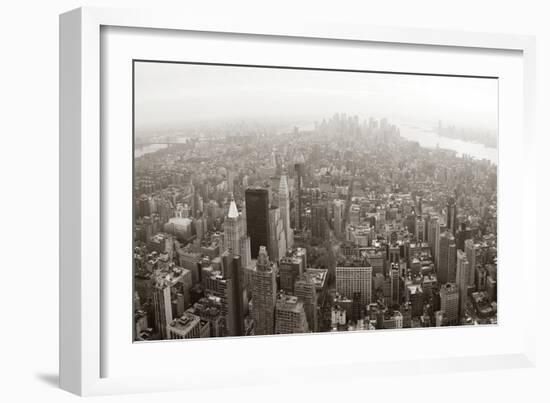 New York City Manhattan Skyline Aerial View Panorama Black And White With Skyscrapers And Street-Songquan Deng-Framed Art Print