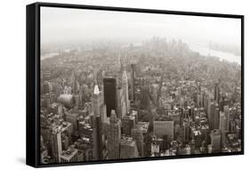 New York City Manhattan Skyline Aerial View Panorama Black And White With Skyscrapers And Street-Songquan Deng-Framed Stretched Canvas