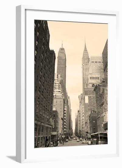 New York City Manhattan Street View with Chrysler Building Skyscrapers and Busy Traffic Black and W-Songquan Deng-Framed Photographic Print