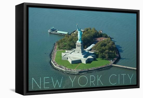 New York City, New York - Liberty Island Aerial View-Lantern Press-Framed Stretched Canvas