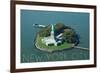 New York City, New York - Liberty Island Aerial View-Lantern Press-Framed Premium Giclee Print