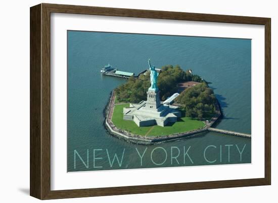 New York City, New York - Liberty Island Aerial View-Lantern Press-Framed Art Print