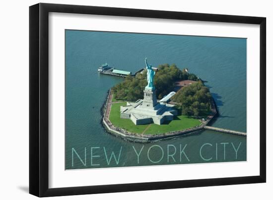 New York City, New York - Liberty Island Aerial View-Lantern Press-Framed Art Print