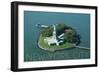 New York City, New York - Liberty Island Aerial View-Lantern Press-Framed Art Print