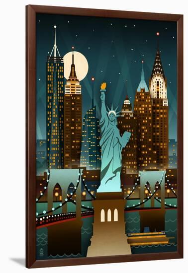 New York City, New York - Retro Skyline (no text)-Lantern Press-Framed Art Print