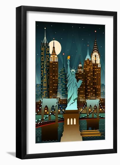 New York City, New York - Retro Skyline (no text)-Lantern Press-Framed Art Print