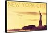 New York City, New York - Statue of Liberty and Yellow Skyline-Lantern Press-Framed Stretched Canvas