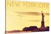 New York City, New York - Statue of Liberty and Yellow Skyline-Lantern Press-Stretched Canvas