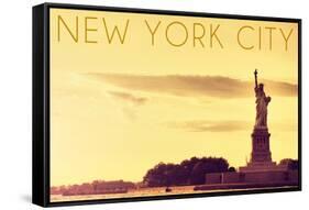 New York City, New York - Statue of Liberty and Yellow Skyline-Lantern Press-Framed Stretched Canvas