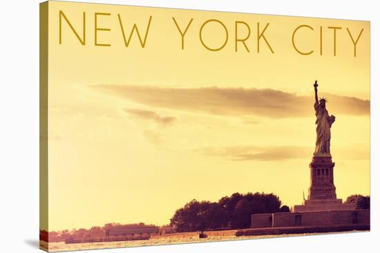 New York City, New York - Statue of Liberty and Yellow Skyline-Lantern Press-Stretched Canvas