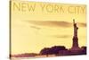 New York City, New York - Statue of Liberty and Yellow Skyline-Lantern Press-Stretched Canvas