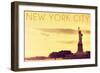 New York City, New York - Statue of Liberty and Yellow Skyline-Lantern Press-Framed Art Print