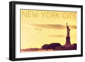 New York City, New York - Statue of Liberty and Yellow Skyline-Lantern Press-Framed Art Print