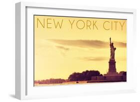 New York City, New York - Statue of Liberty and Yellow Skyline-Lantern Press-Framed Art Print