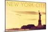 New York City, New York - Statue of Liberty and Yellow Skyline-Lantern Press-Mounted Art Print