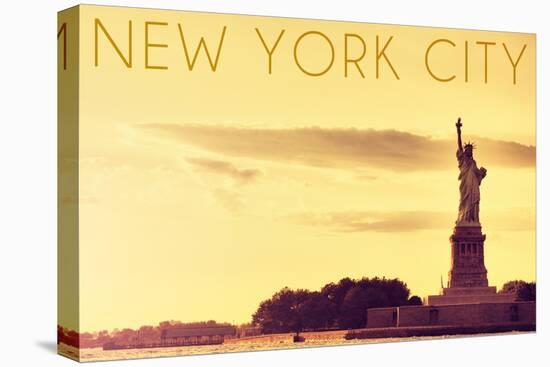 New York City, New York - Statue of Liberty and Yellow Skyline-Lantern Press-Stretched Canvas