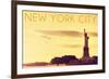 New York City, New York - Statue of Liberty and Yellow Skyline-Lantern Press-Framed Premium Giclee Print