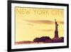 New York City, New York - Statue of Liberty and Yellow Skyline-Lantern Press-Framed Premium Giclee Print