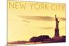 New York City, New York - Statue of Liberty and Yellow Skyline-Lantern Press-Mounted Premium Giclee Print