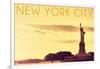 New York City, New York - Statue of Liberty and Yellow Skyline-Lantern Press-Framed Art Print