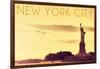 New York City, New York - Statue of Liberty and Yellow Skyline-Lantern Press-Framed Art Print