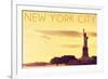 New York City, New York - Statue of Liberty and Yellow Skyline-Lantern Press-Framed Art Print