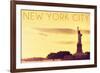New York City, New York - Statue of Liberty and Yellow Skyline-Lantern Press-Framed Art Print