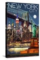 New York City, NY - Skyline at Night-Lantern Press-Stretched Canvas