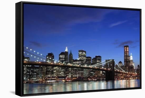 New York City Skyline and Brooklyn Bridge at Night-Zigi-Framed Stretched Canvas