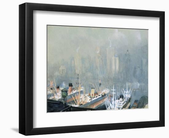 New York City Skyline from Brooklyn Harbor, Ships Docked in Foreground-Joseph Pennell-Framed Premium Giclee Print