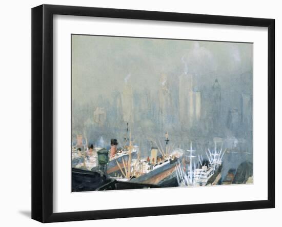 New York City Skyline from Brooklyn Harbor, Ships Docked in Foreground-Joseph Pennell-Framed Giclee Print