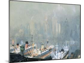 New York City Skyline from Brooklyn Harbor, Ships Docked in Foreground-Joseph Pennell-Mounted Giclee Print