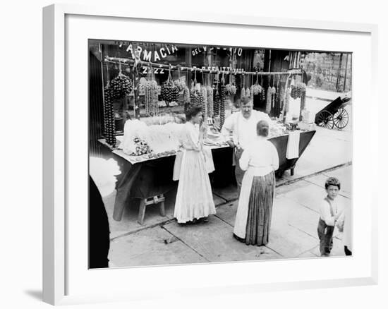 New York City, Vendor with Wares Displayed, Little Italy, 1900s-null-Framed Art Print